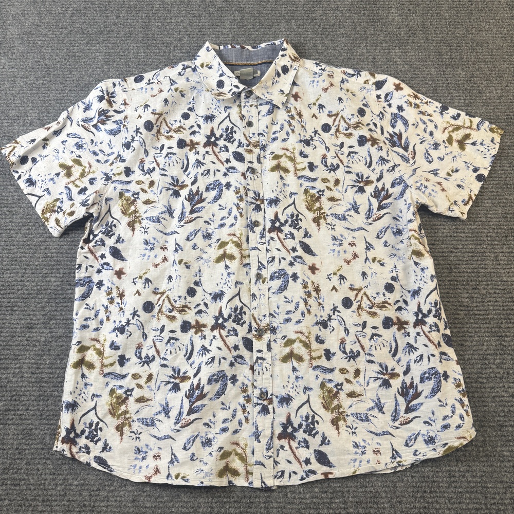 Carbon2Cobalt Shirt Mens Large White Blue Brown Floral Linen Button Up Casual